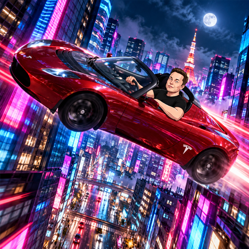 Elon in a red Tesla Roadster flying above a neon city at night