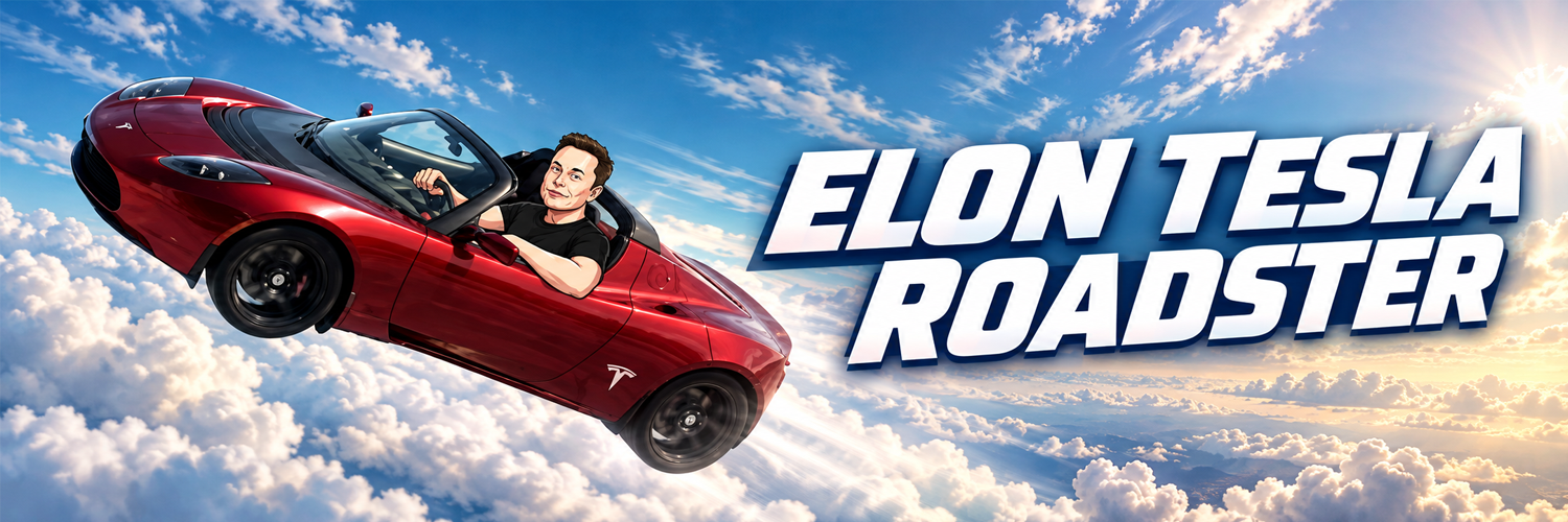 Elon Tesla Roadster flying above the clouds in a red convertible
